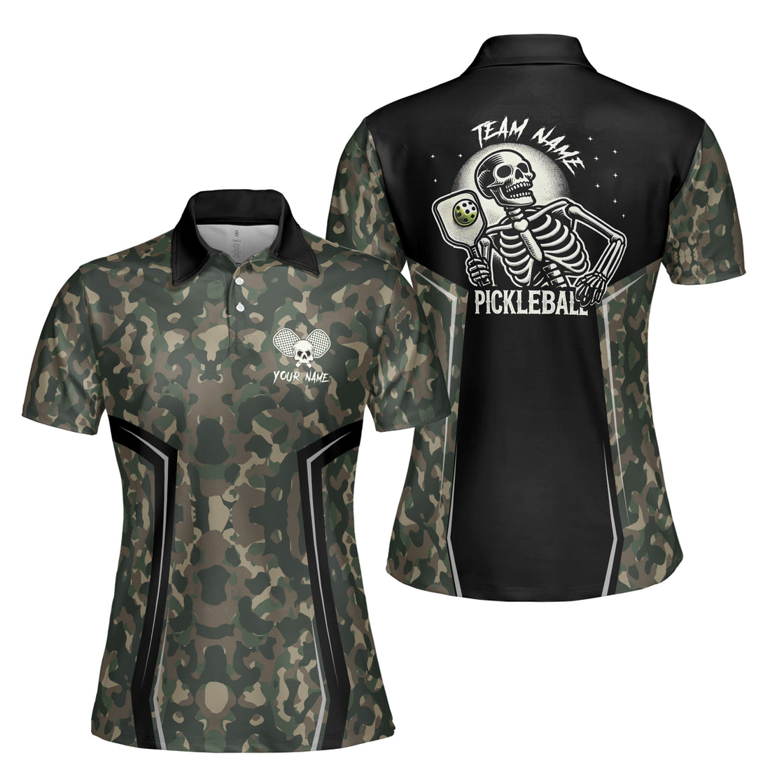 Personalized Name Camo Pattern Skull Plays Pickleball Women's Polo Shirt S-5XL