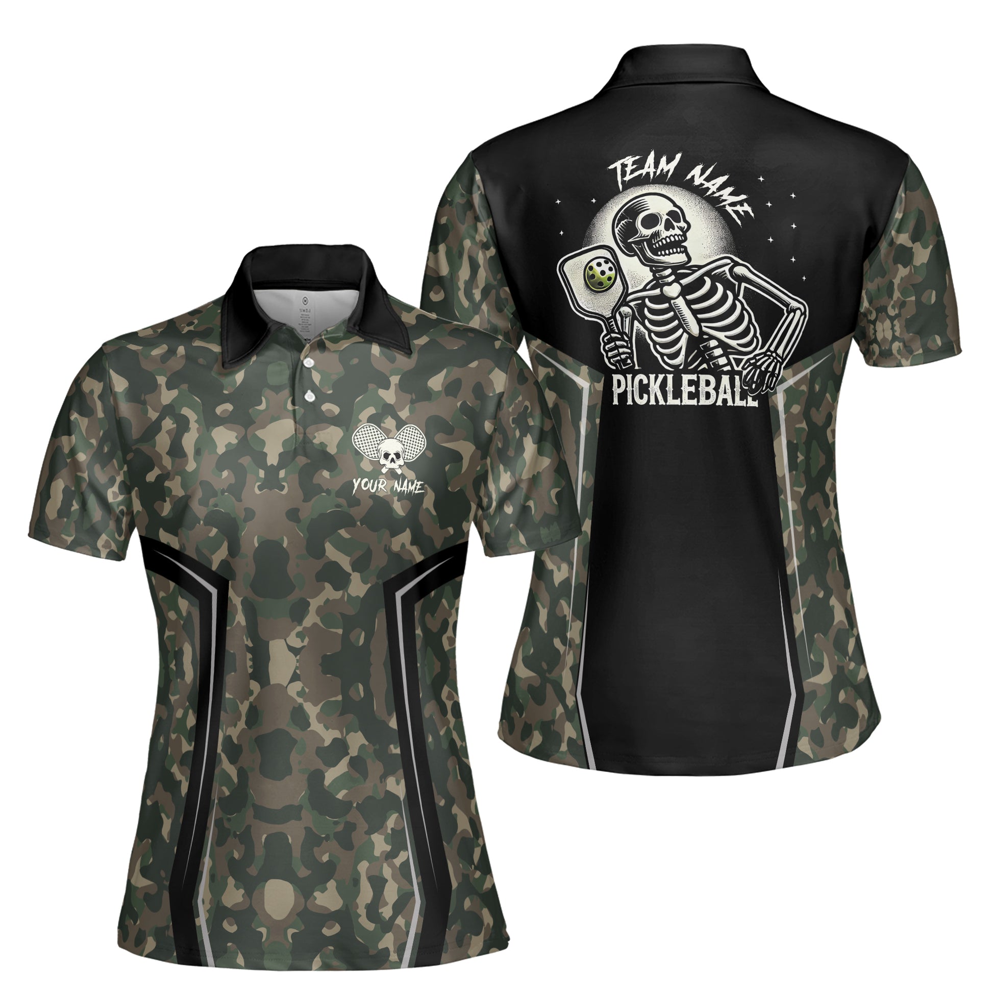 Personalized Name Camo Pattern Skull Plays Pickleball Women's Polo Shirt S-5XL
