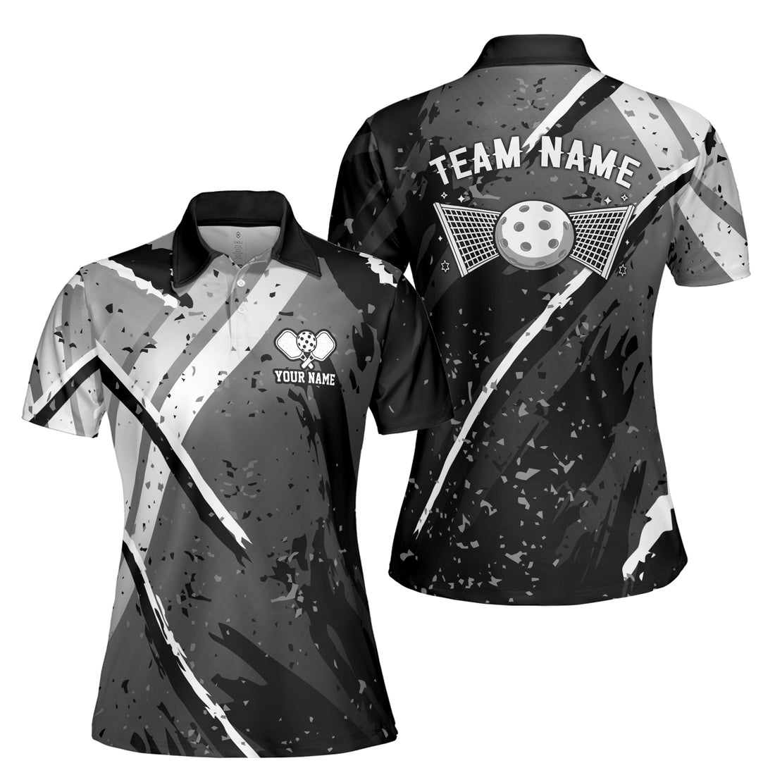 Customized Name Grey Spatter Pickleball Team Play Women's Polo Shirt S-5XL