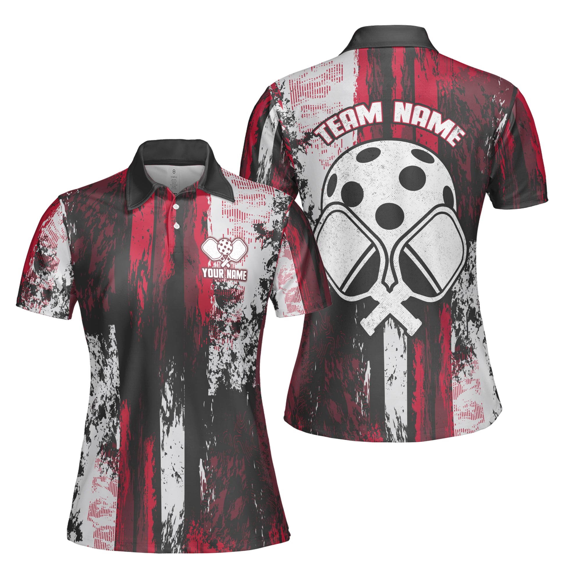 Custom Name Team Name Grunge Art Pickleball Player Women's Polo Shirt S-5XL