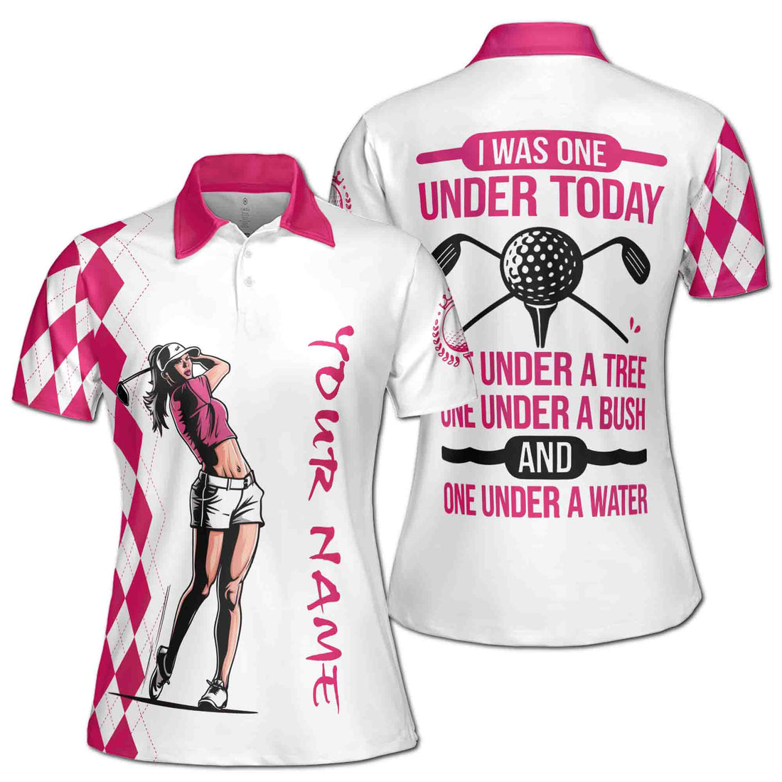 Custom Name Pink Argyle I Was One Under Today Golf Women's Polo S-5XL