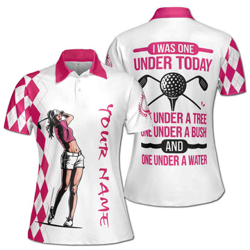 Custom Name Pink Argyle I Was One Under Today Golf Women's Polo S-5XL