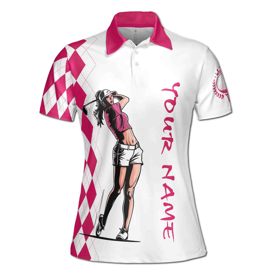 Custom Name Pink Argyle I Was One Under Today Golf Women's Polo S-5XL