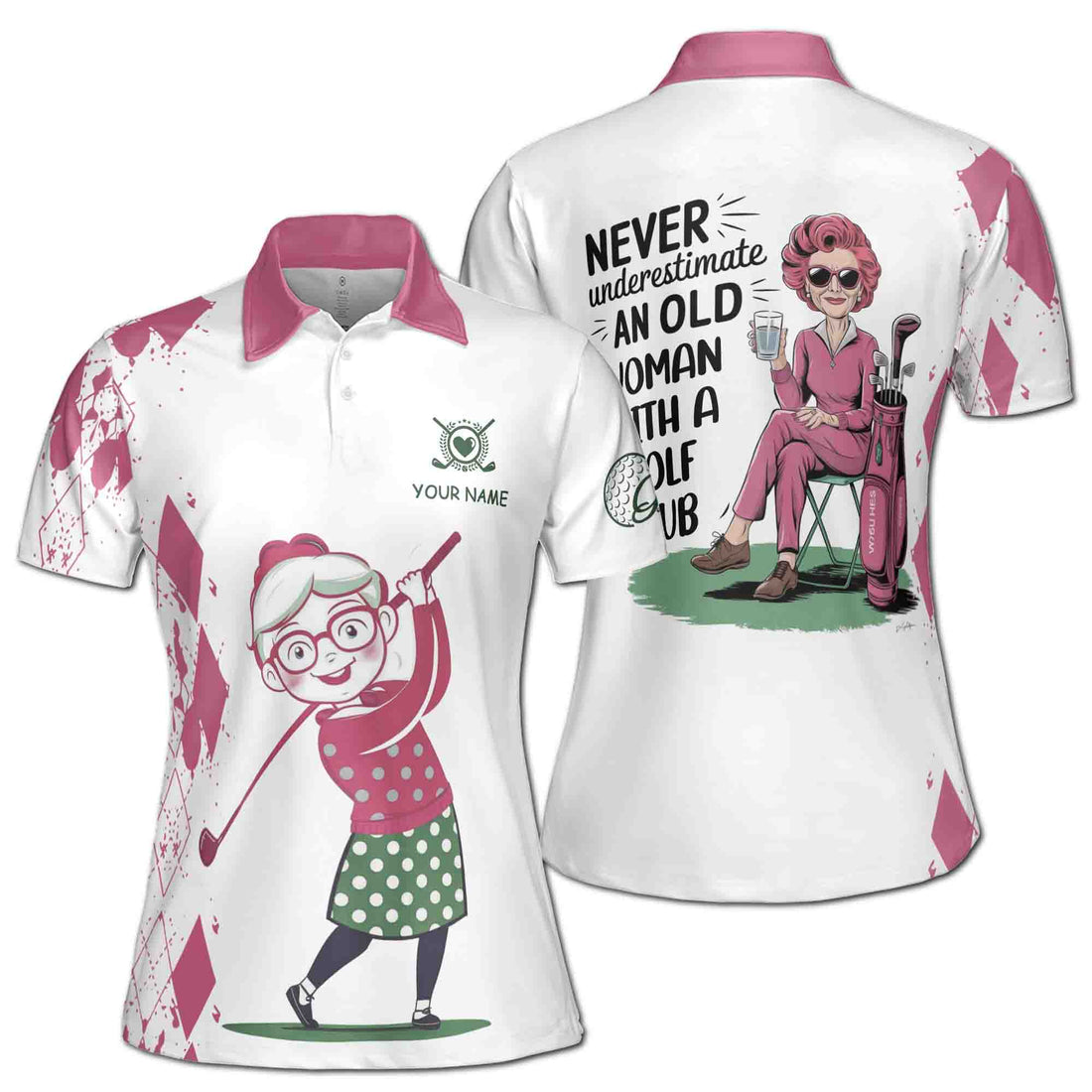 Custom Name Underestimate An Old Woman With A Golf Club Women's Polo Shirt S-5XL