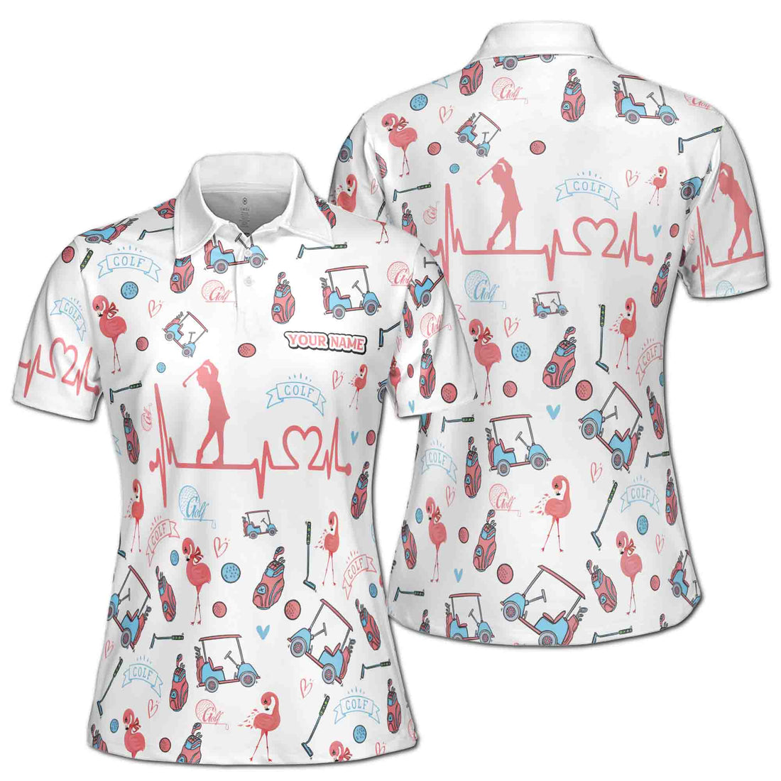 Custom Name Golf Mixing Pattern With Heartbeat Women's Polo S-5XL