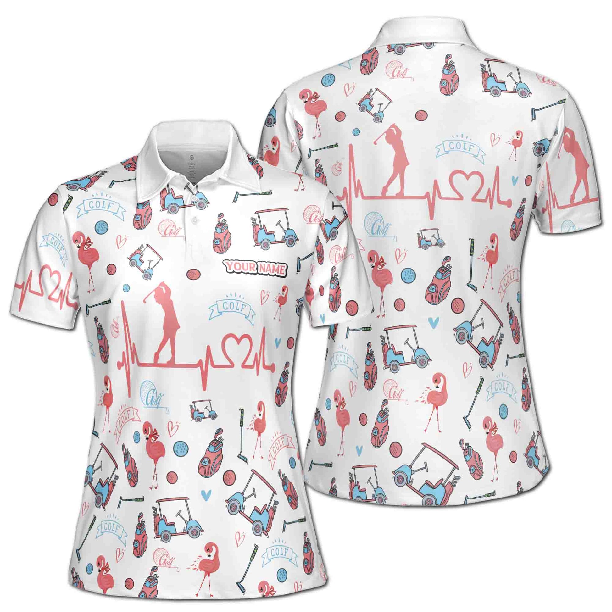 Custom Name Golf Mixing Pattern With Heartbeat Women's Polo S-5XL