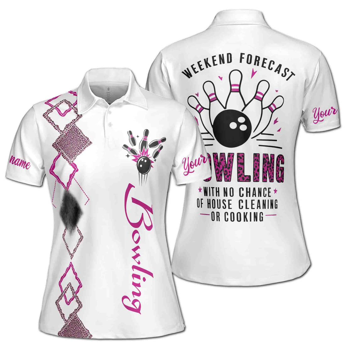 Custom Name Leopard Argyle Weekend Forecast Bowling Women's Polo S-5XL
