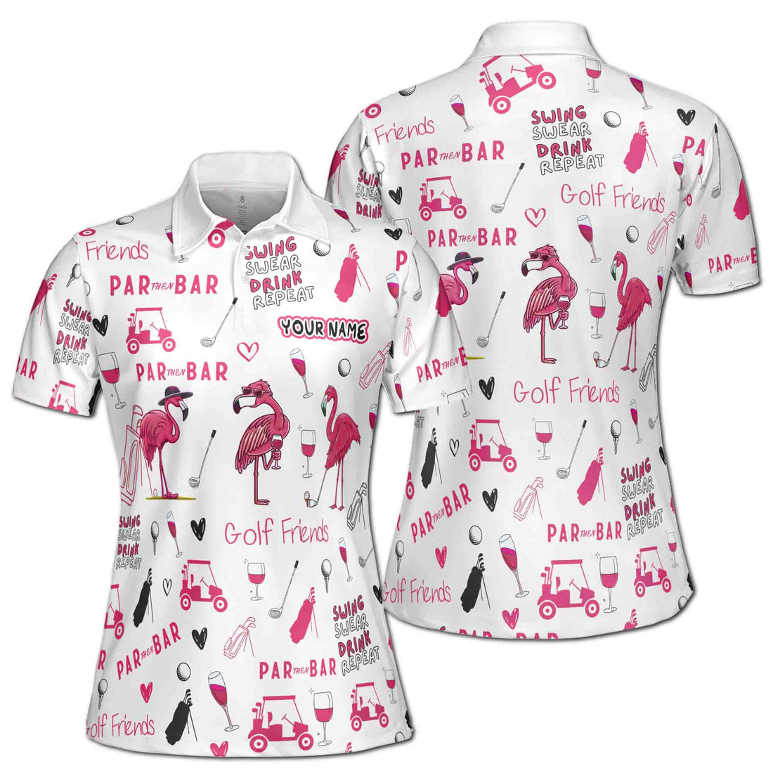 Custom Name Funny Flamingo Plays Golf Par Then Bar Women's Polo S-5XL