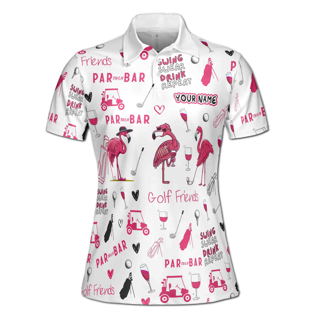 Custom Name Funny Flamingo Plays Golf Par Then Bar Women's Polo S-5XL