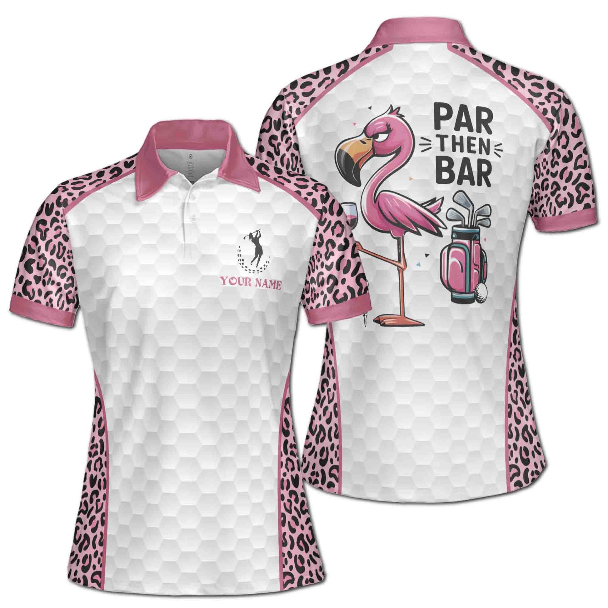 Custom Name Pink Leopard Par Then Bar Flamingo Women's Polo S-5XL