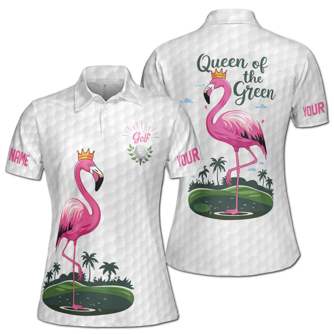 Custom Name Golf Queen of the Green Flamingo Women's Polo S-5XL