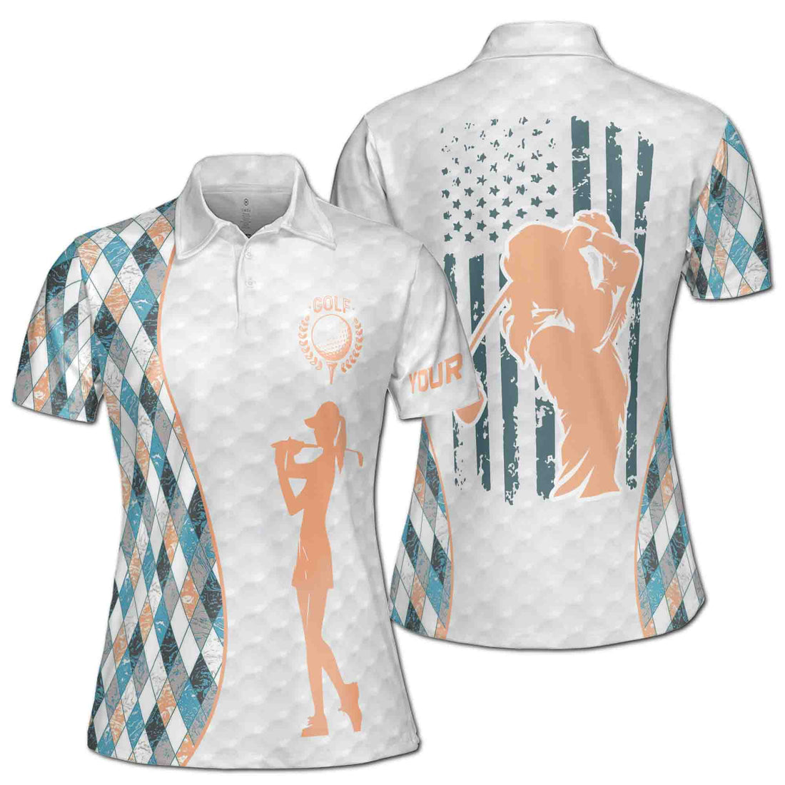 Custom Name Retro Argyle America Lady Golfer Women's Polo S-5XL