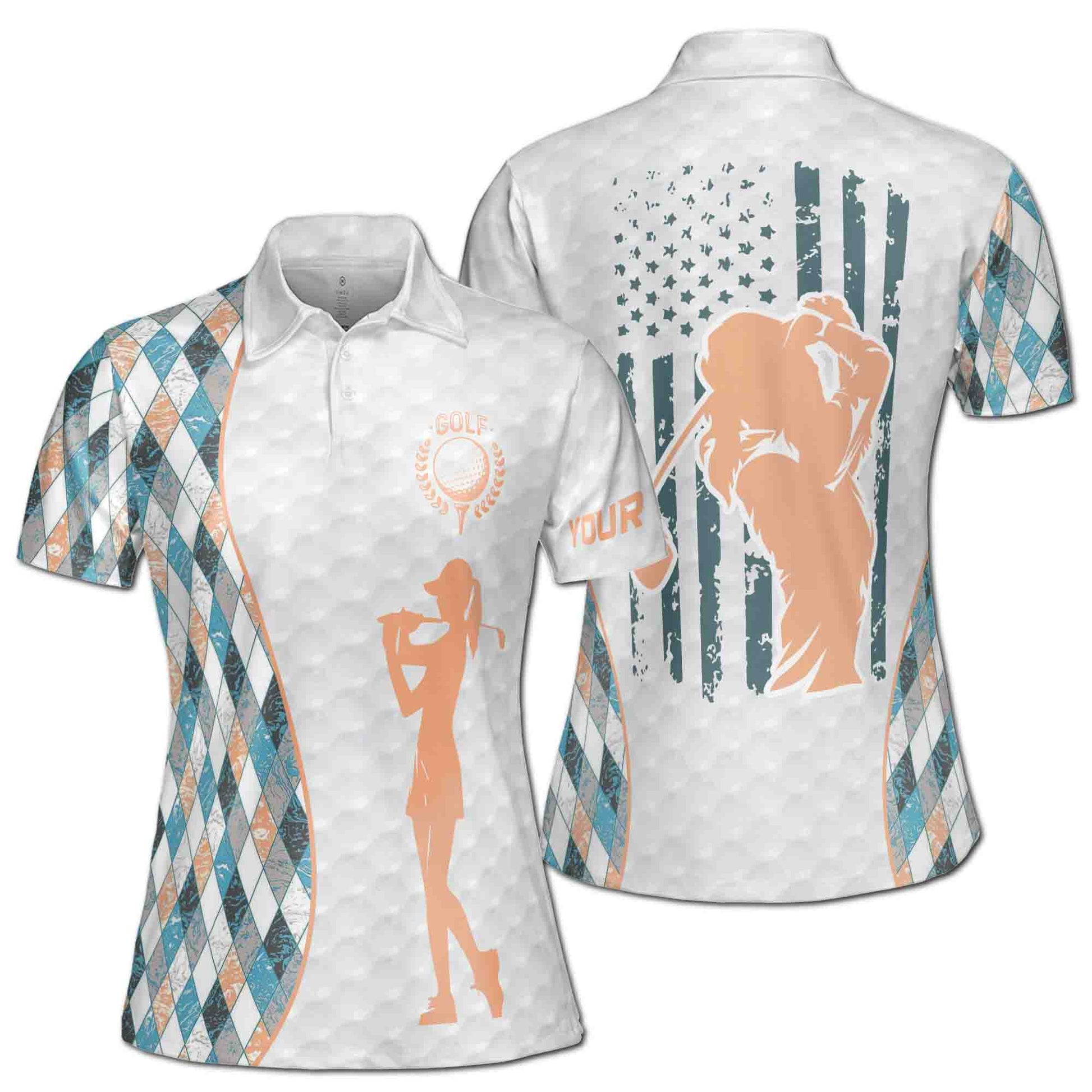 Custom Name Retro Argyle America Lady Golfer Women's Polo S-5XL