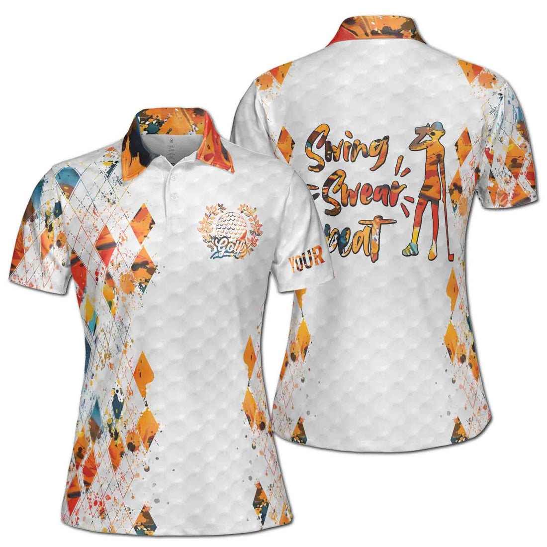 Custom Name Argyle Color Spatter Swing Sweat Repeat Golf Women's Polo Shirt S-5XL