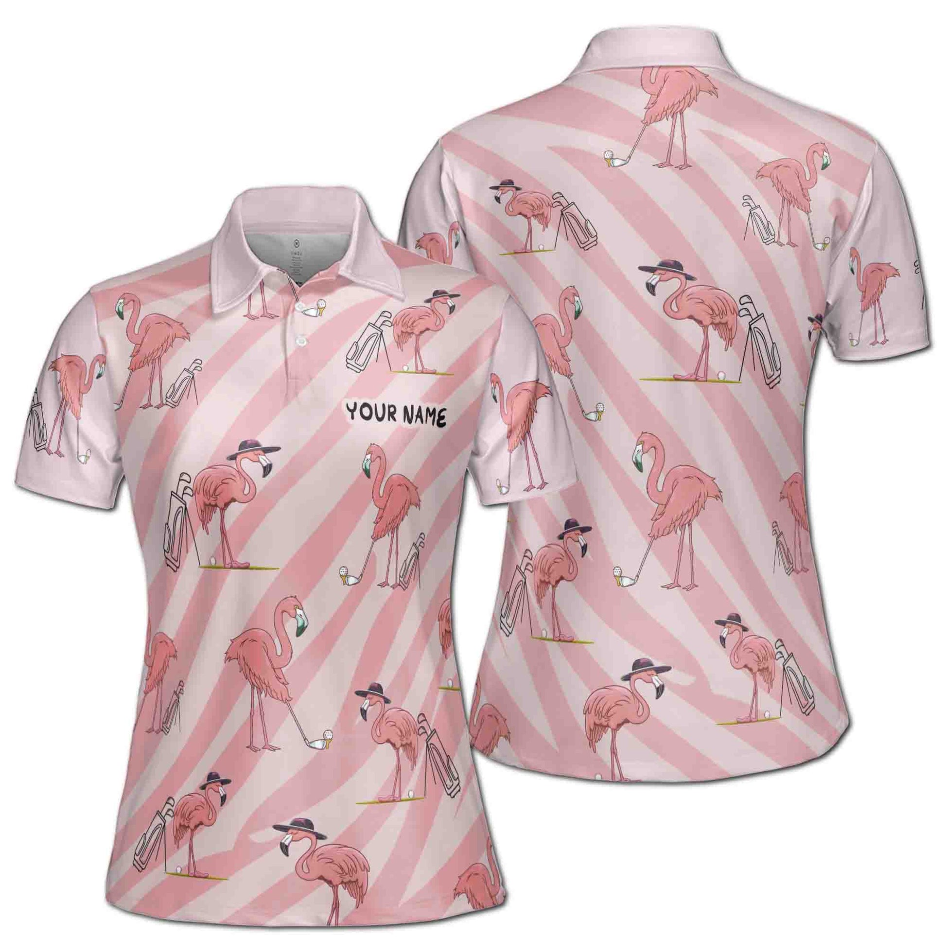Custom Name Pink Golf Polo with Flamingo Women's Polo S-5XL