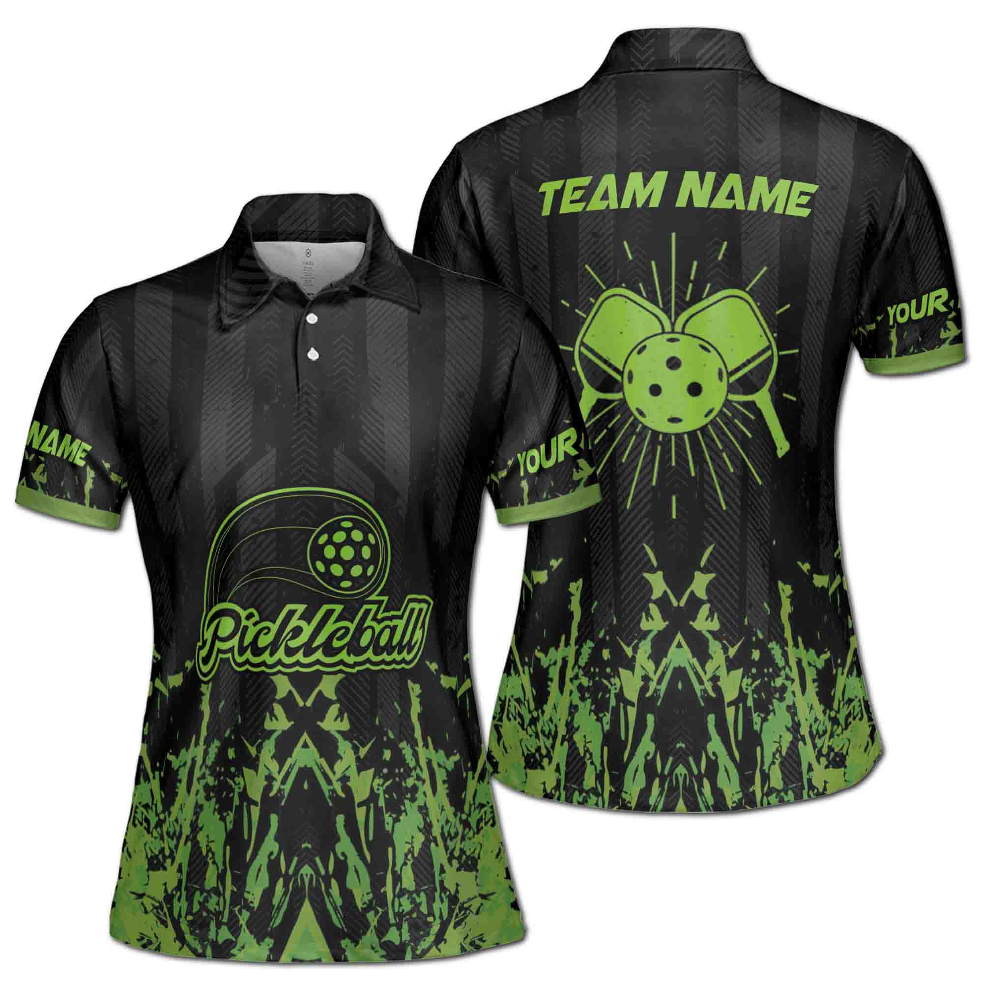 Personalized Name Green Spatter Pickleball Team Women's Polo Shirt S-5XL