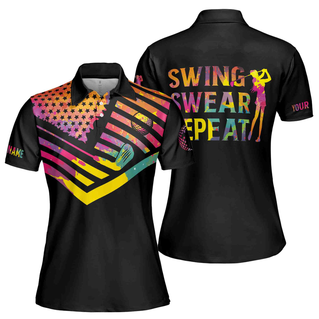 Watercolor American Flag Custom Name Swing Swear Repeat Golf Women's Polo Shirt S-5XL