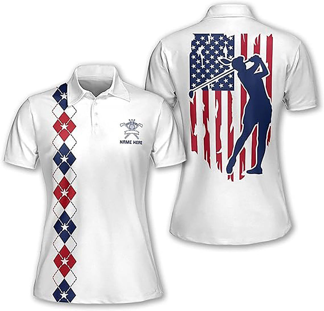 Custom American Flag Golf Pattern Argyle Women's Polo Shirt S-5XL
