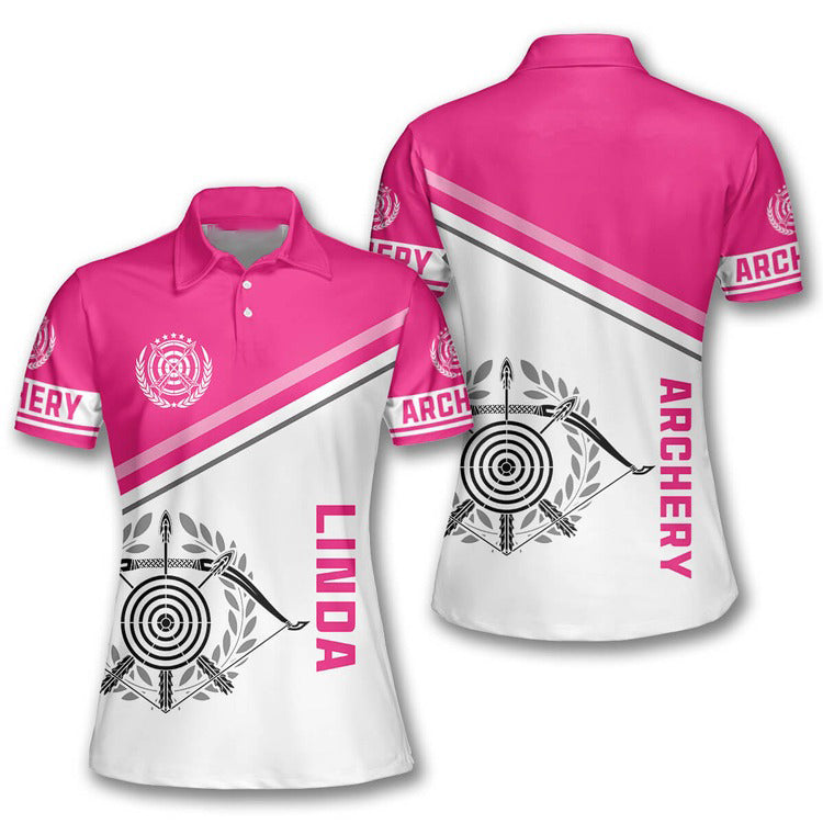 Personalized Pink White Emblem Custom Name Archery Women's Polo Shirt S-5XL