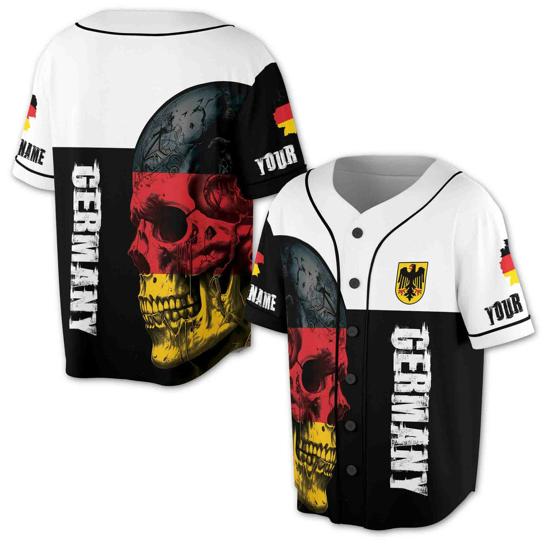 Custom Dark Skull Germany Flag Coat of Arms Baseball Jersey S-5XL