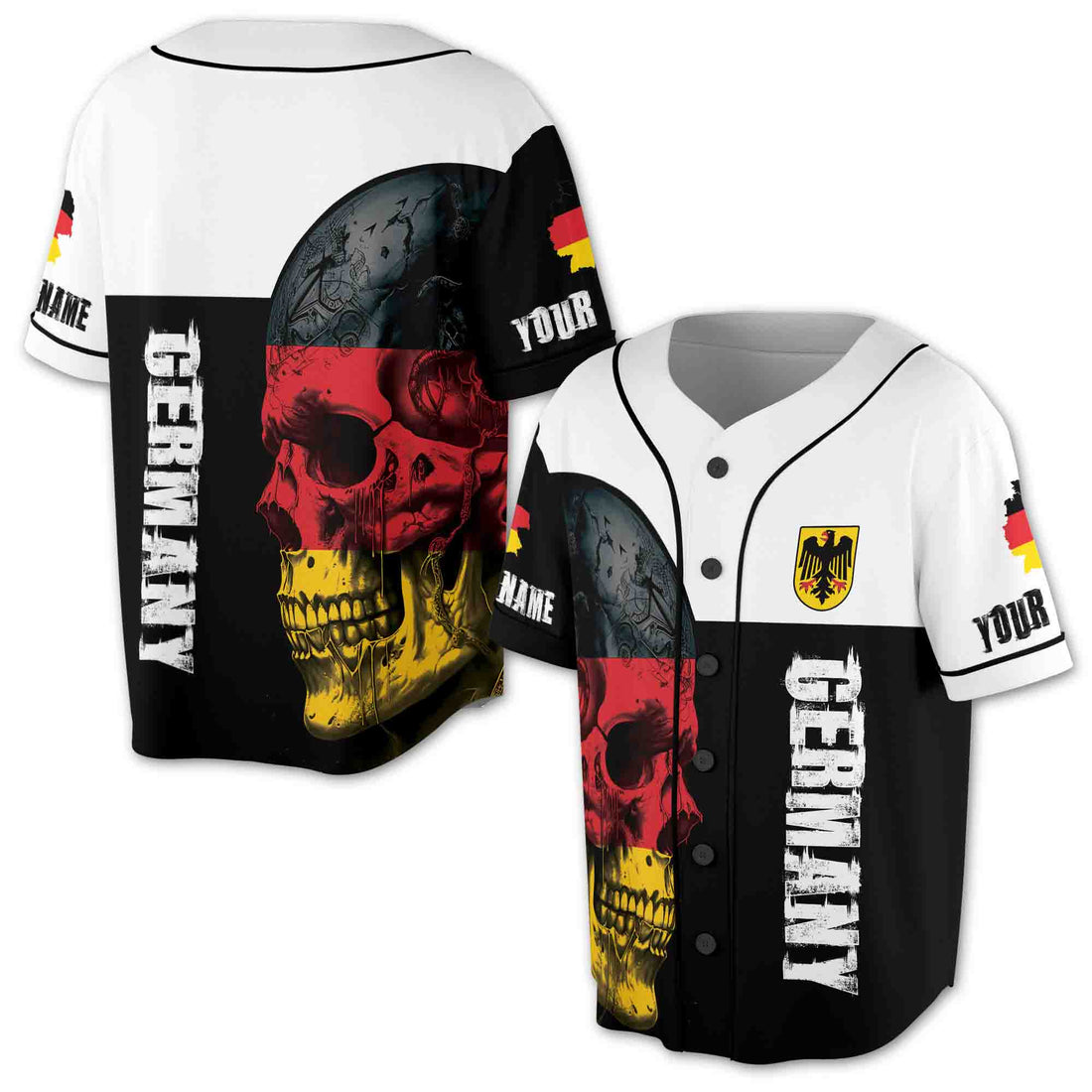 Custom Name Dark Skull Germany Flag Germany Coat Of Arms Baseball Jersey S-5XL