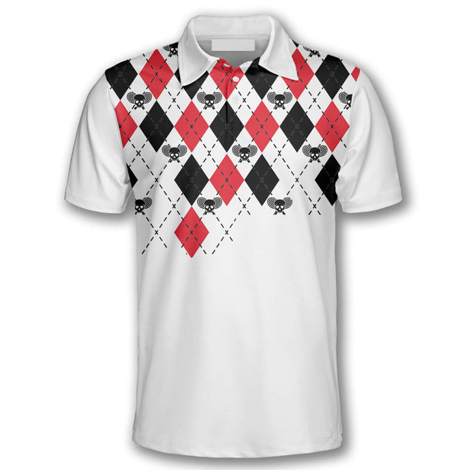 Custom Tennis Skull Argyle Pattern 3D All Over Printed Men's Polo Shirt S-5XL