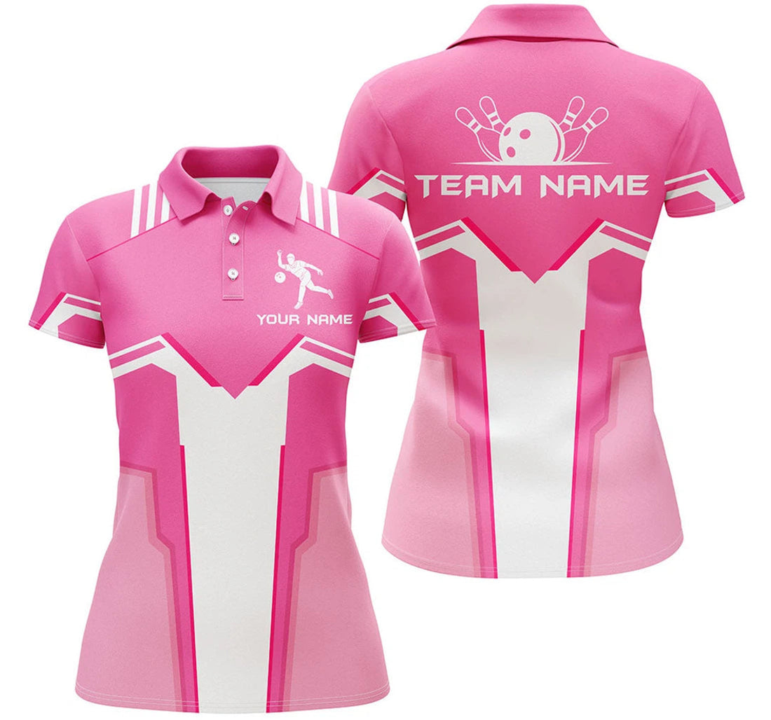 Custom Pink Bowling Team Shirt Personalized Gift Women Polo Shirt S-5XL
