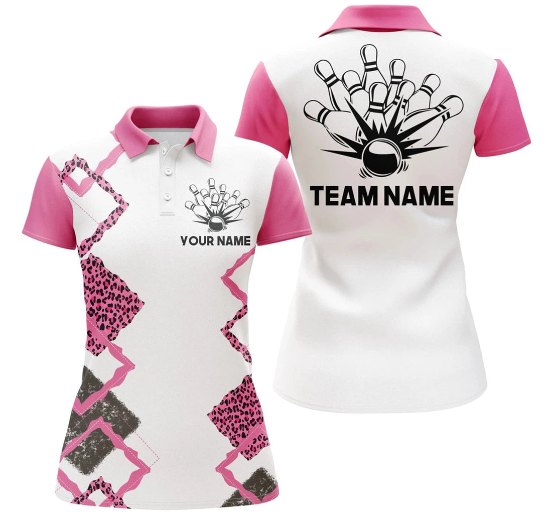 Personalized Pink Leopard Bowling Gift for Mom or Team Women's Polo Shirts S-5XL