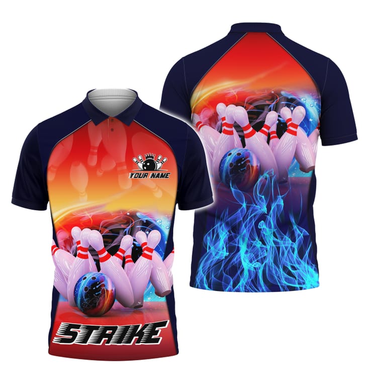 Personalized Bowling Strike Fire Polo Shirt Custom Name Men's Polo Shirt S-5XL