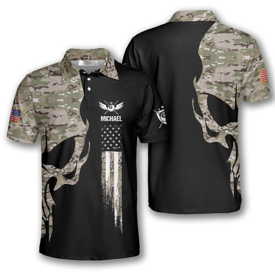 Custom Name Grunge Skull Billiards American Flag Men's Polo Shirt S-5XL