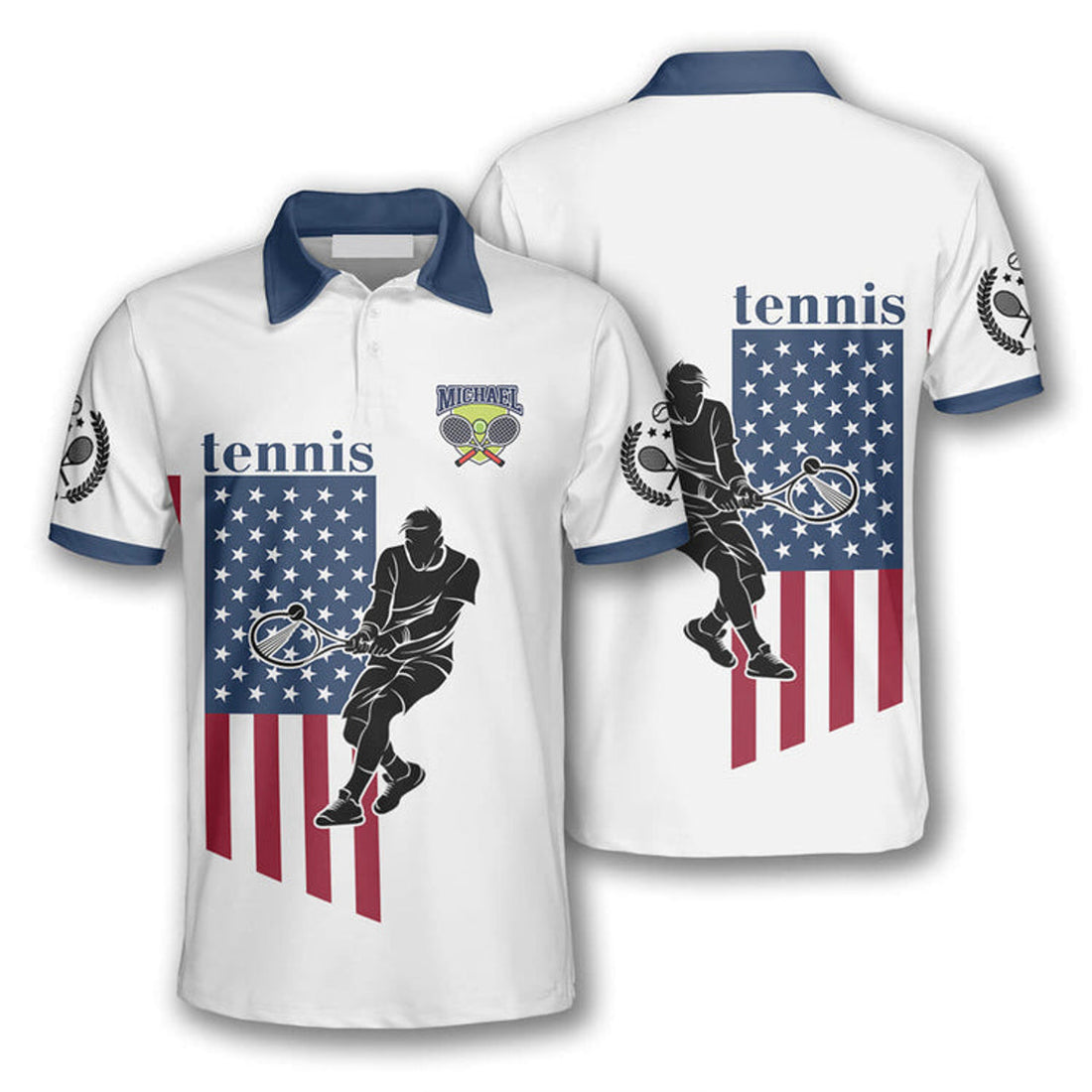 Customized Tennis Player Silhouette American Flag Print Men's Polo Shirt S-5XL