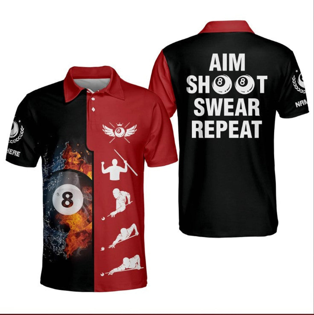 Custom Aim Shoot Swear Repeat Billiard 3D Apparel Men's Polo Shirt S-5XL