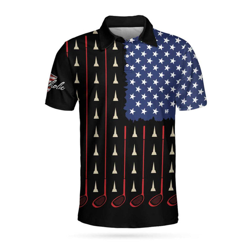 Patriotic Golf Shirt Golfaholic American Flag Golf Clubs Men's Polo Shirt S-5XL