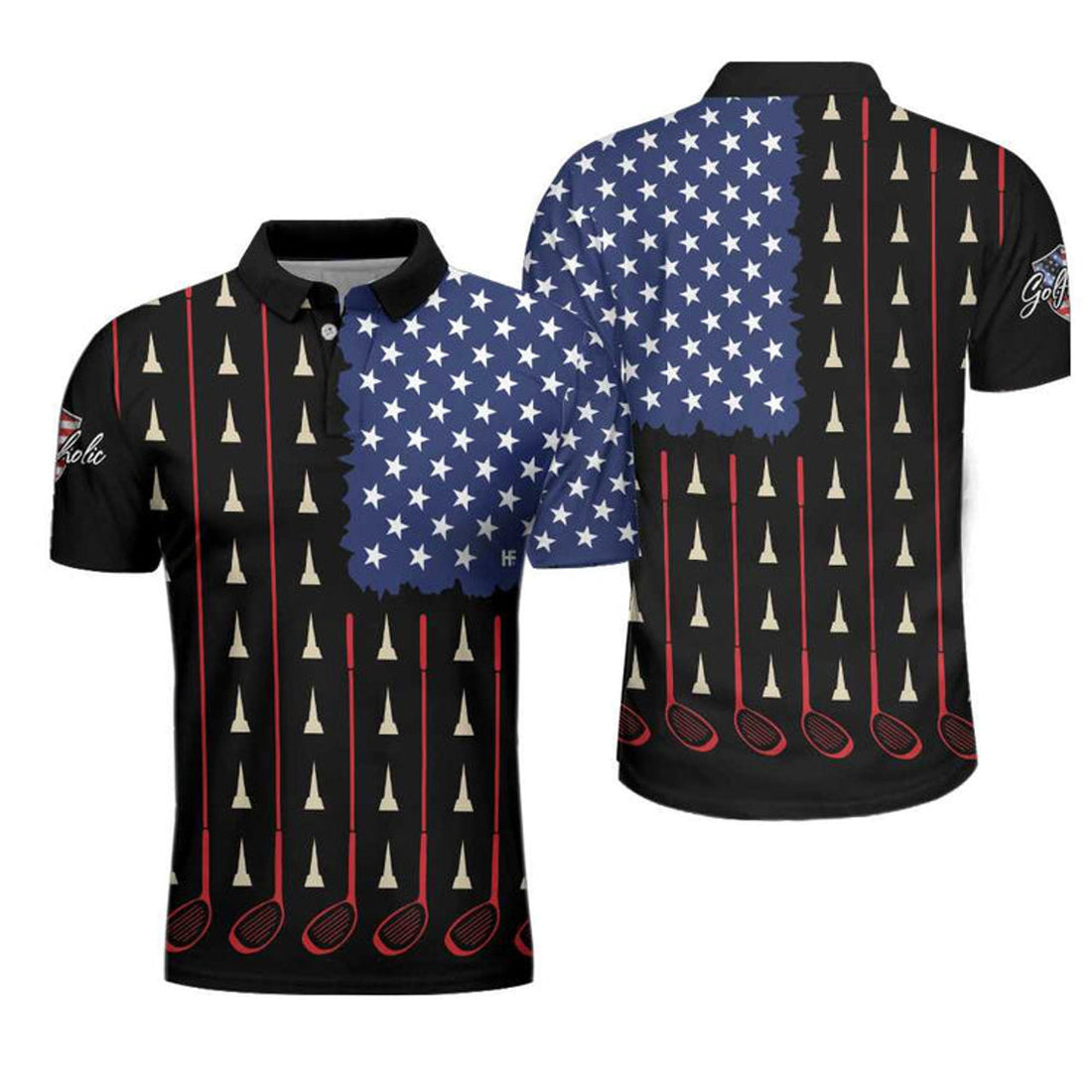 Patriotic Golf Shirt Golfaholic American Flag Golf Clubs Men's Polo Shirt S-5XL