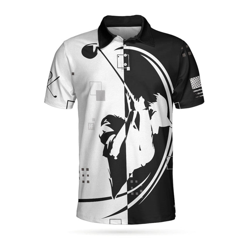 American Golfer Hard Swing US Flag Black White Men's Polo Shirt S-5XL
