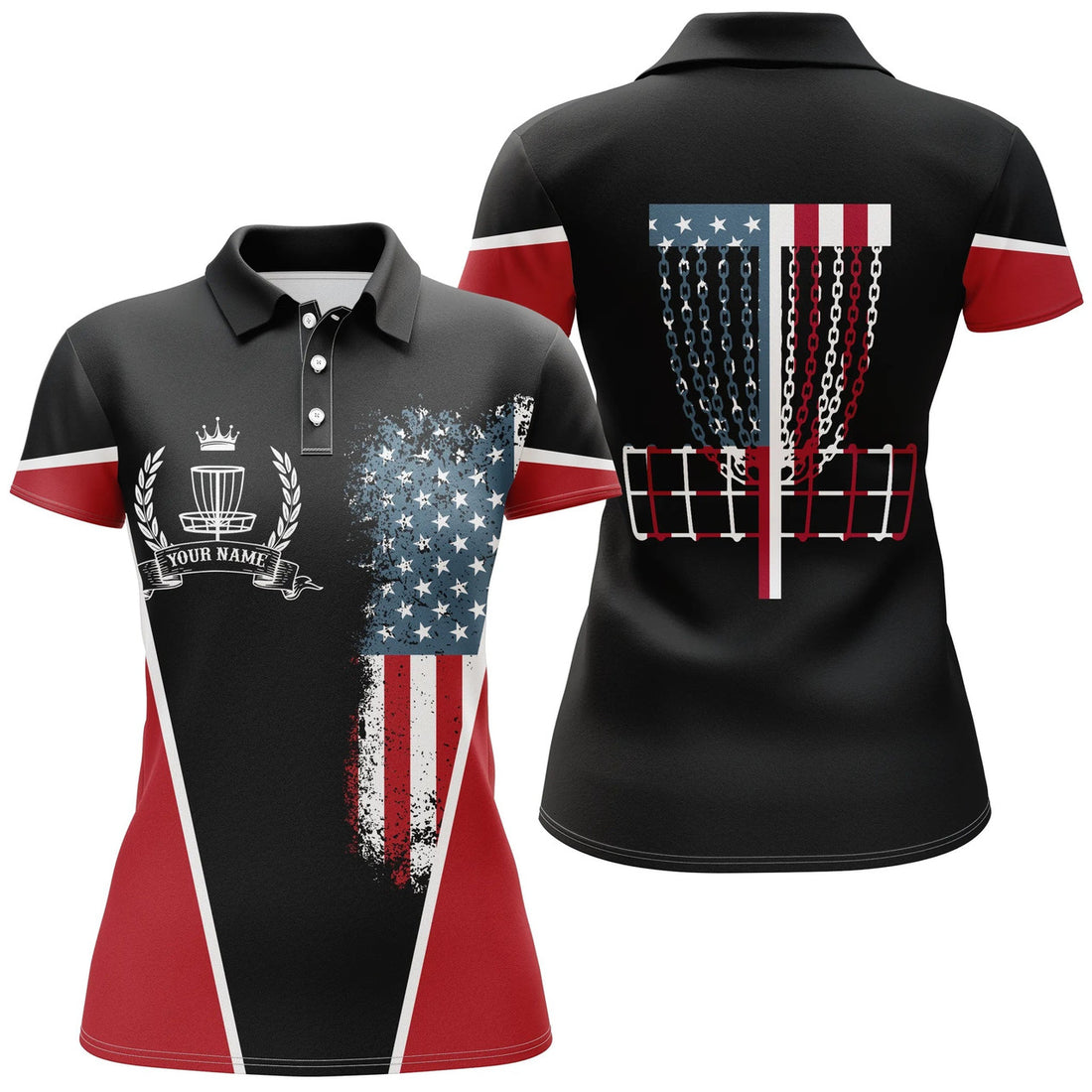Custom Name American Flag Disc Golf Basket Patriotic Women's Polo Shirts S-5XL
