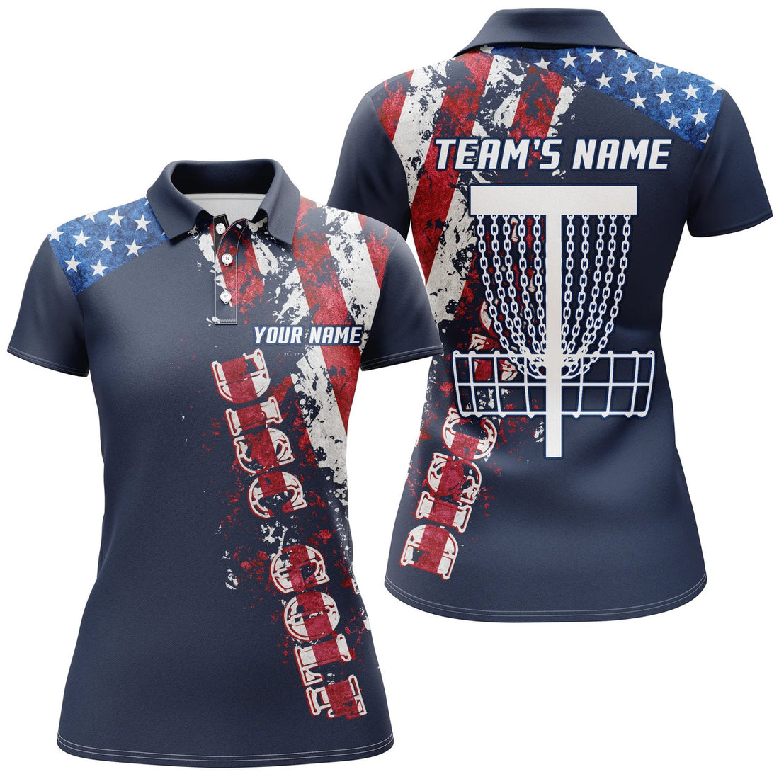 Custom American Flag Women's Disc Golf Polo Blue Navy Women's Polo Shirts S-5XL