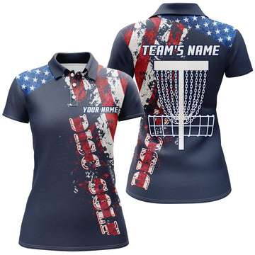 Custom American Flag Women's Disc Golf Polo Blue Navy Women's Polo Shirts S-5XL