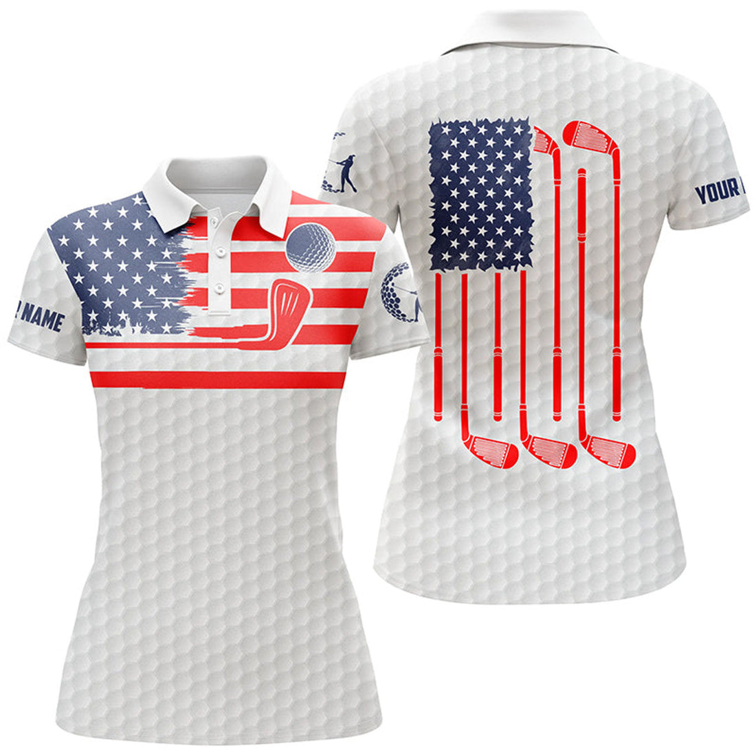 Custom American Flag Golf with Name Personalization for Women's Polo Shirts S-5XL