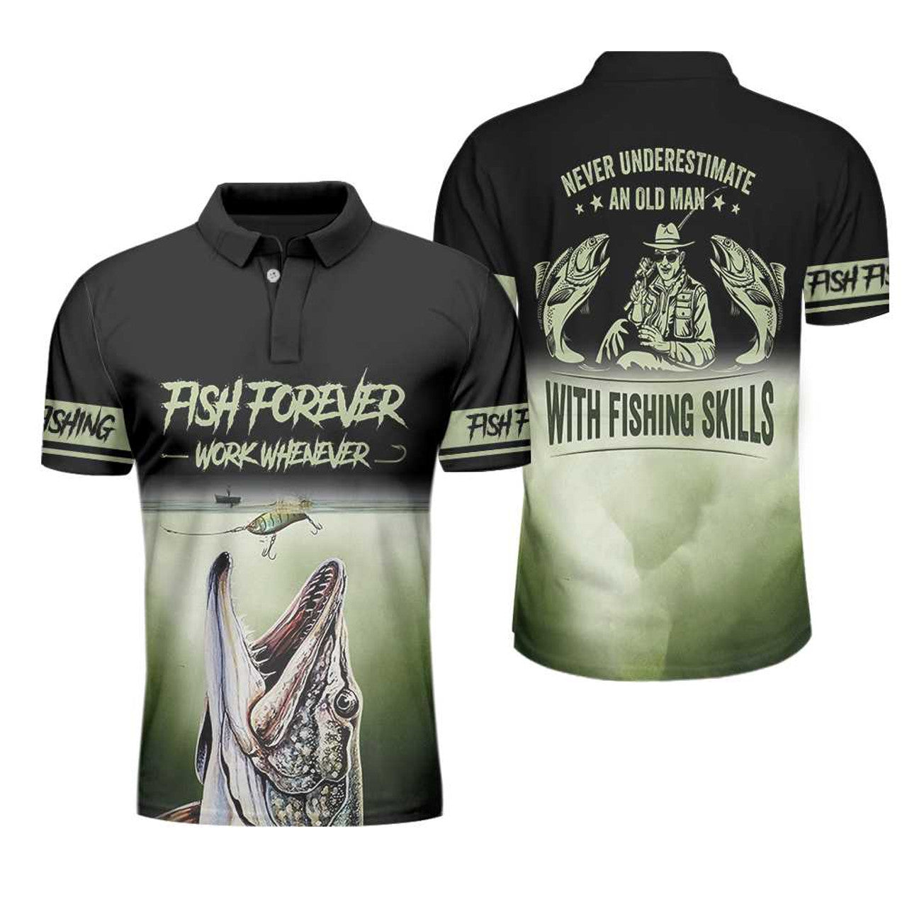 Fishing Forever Work Whenever Never Underestimate An Old Man Men's Polo Shirt