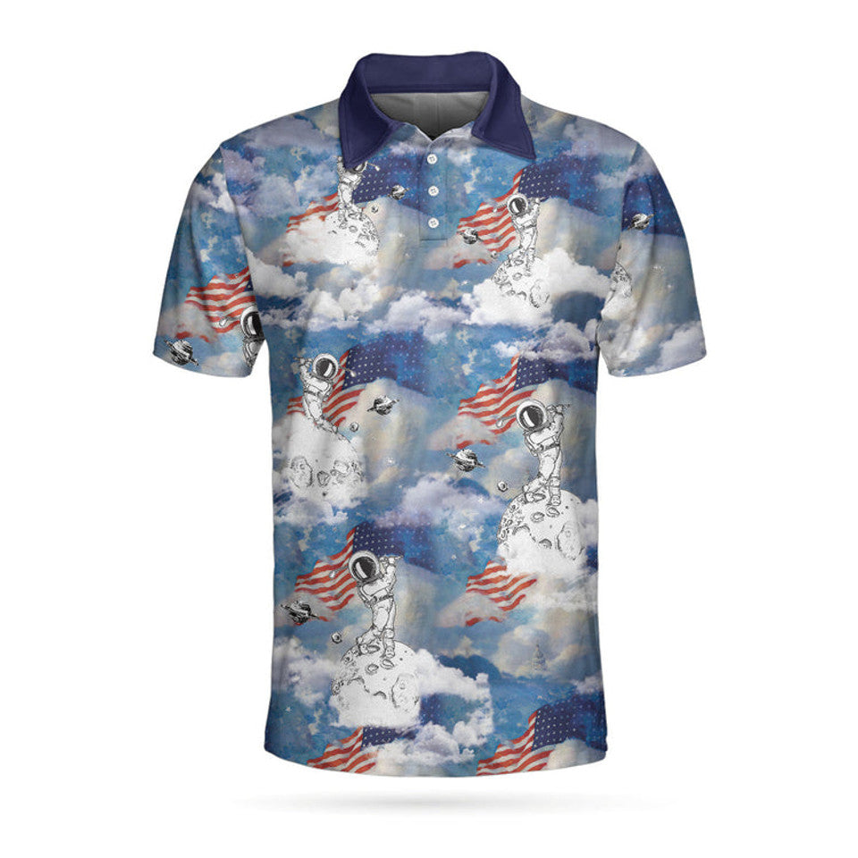 Astronaut Golfing in Space American Flag Men's Polo Shirt S-5XL