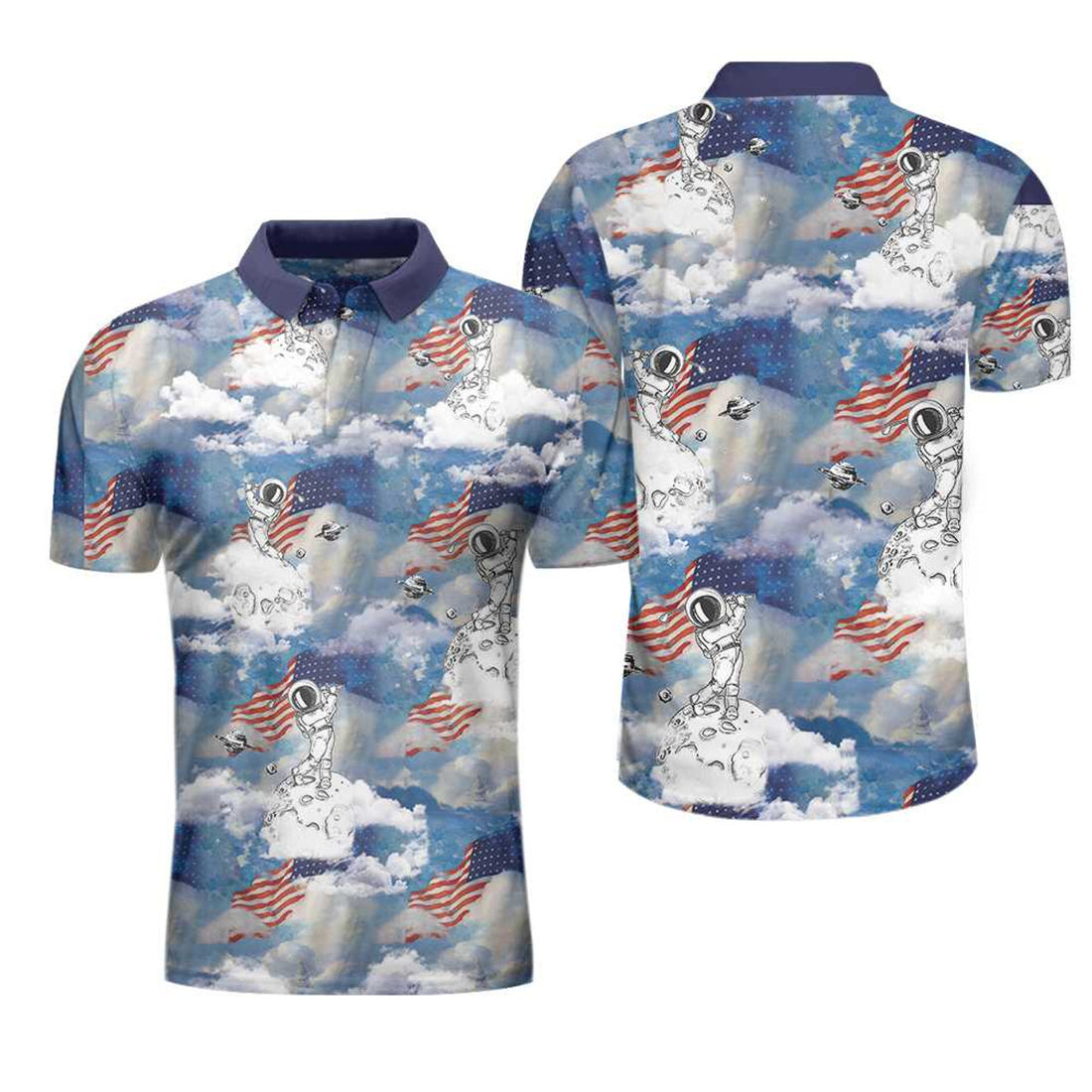 Astronaut Golfing in Space American Flag Men's Polo Shirt S-5XL