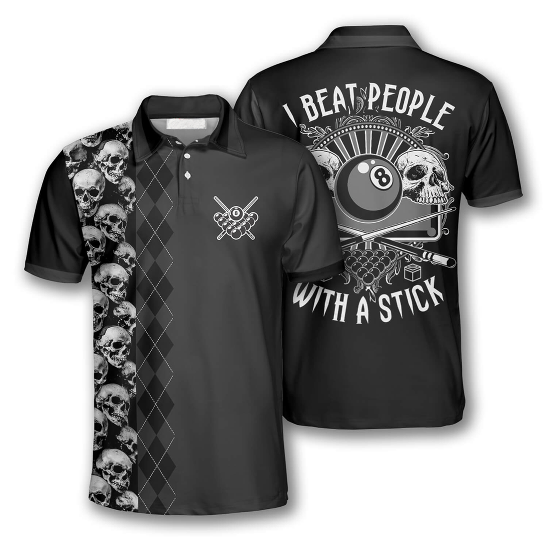 Billiard I Beat People With A Stick Skull Argyle Pattern Men's Polo Shirt S-5XL