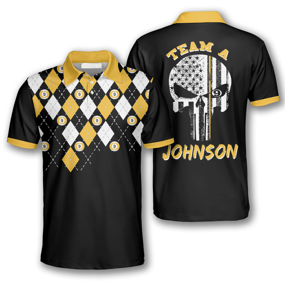 Custom 9 Ball Skull Argyle Pattern Billiard with Name Men's Polo Shirt S-5XL