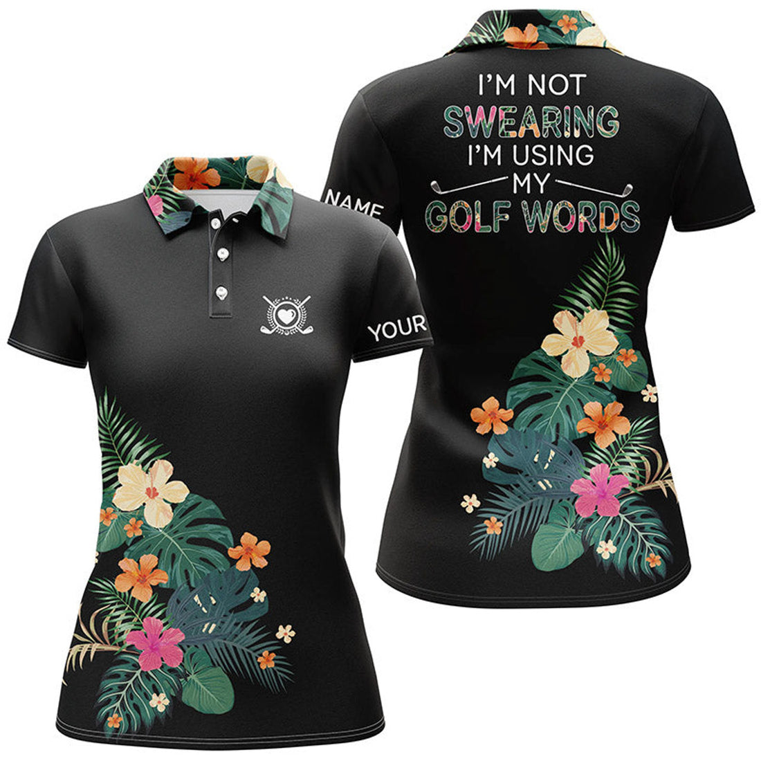Custom Black Golf Polo Shirt with Tropical Plants Women's Polo Shirts S-5XL