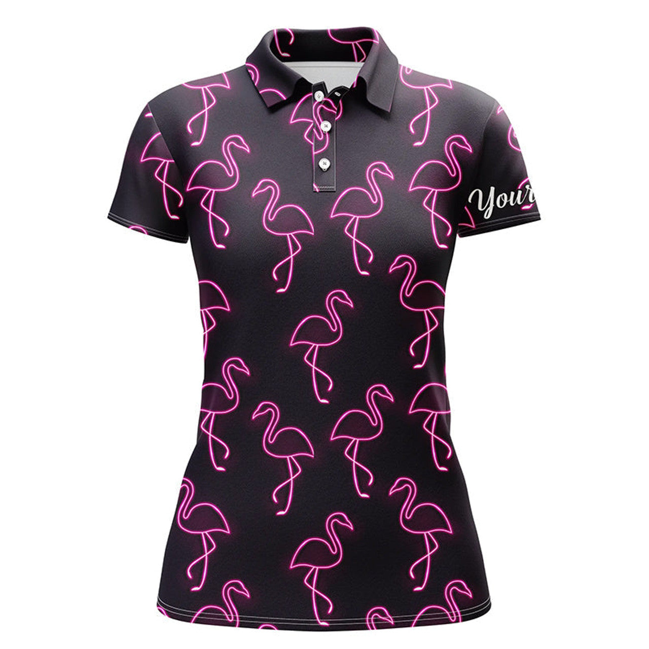 Custom Black Golf Pink Flamingos Pattern Team Golf Women's Polo Shirts S-5XL