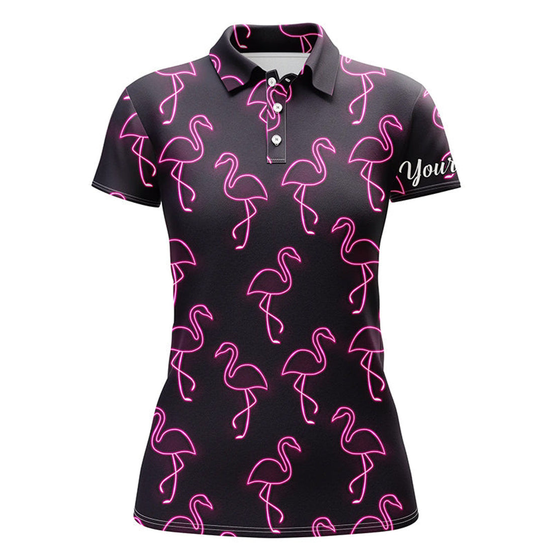 Custom Black Golf Pink Flamingos Pattern Team Golf Women's Polo Shirts S-5XL
