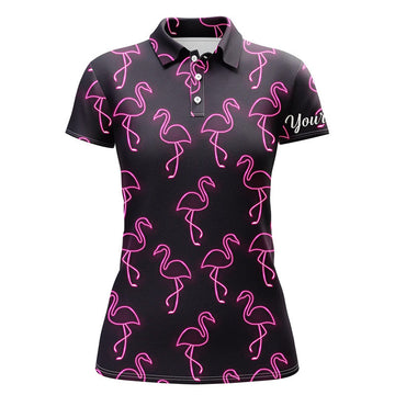 Custom Black Golf Pink Flamingos Pattern Team Golf Women's Polo Shirts S-5XL