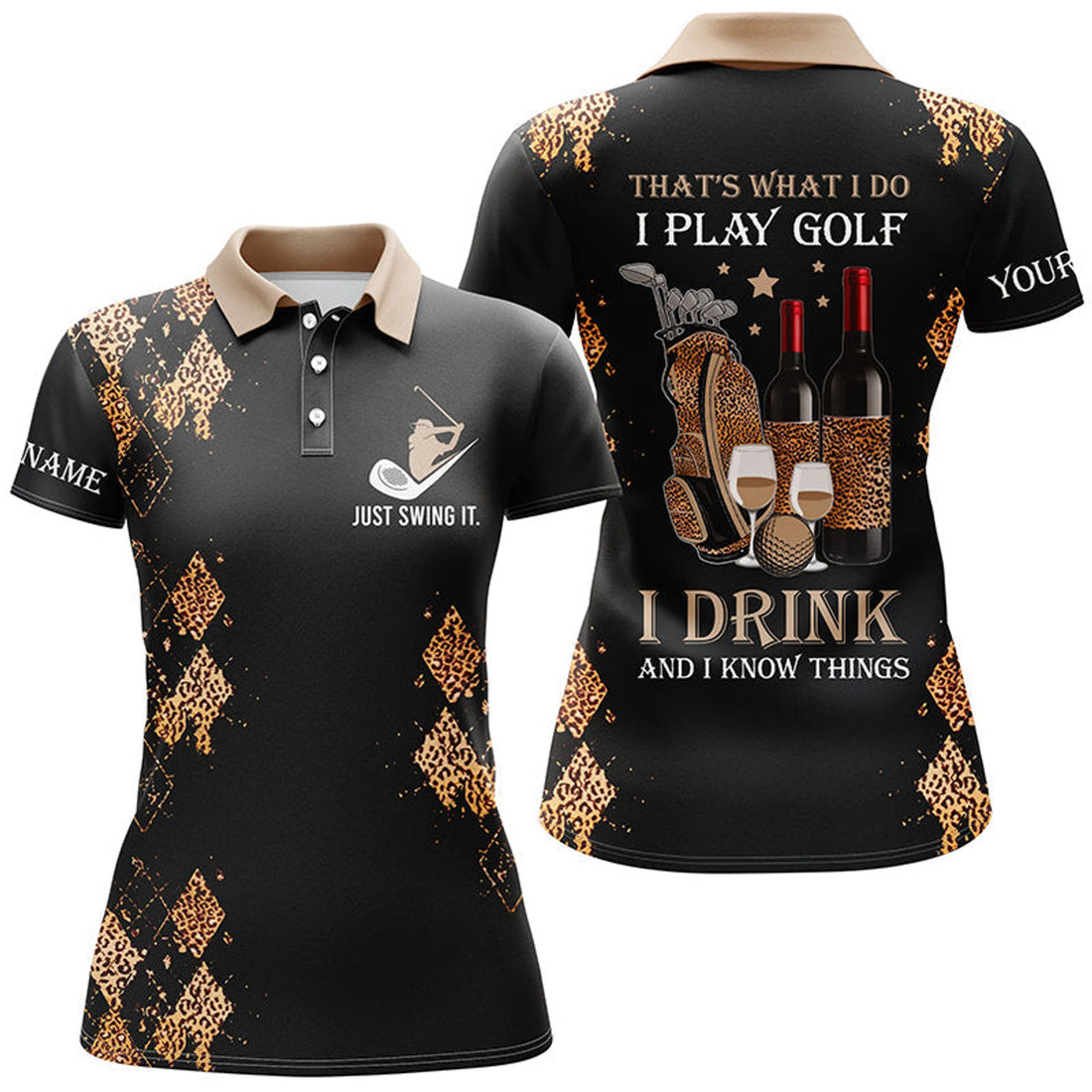 Custom Black Leopard Funny Golf And Wine Shirt Women Polo Shirt S-5XL