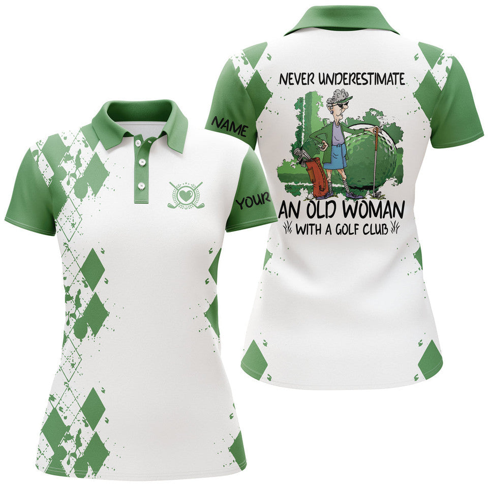 Custom Name 3D Golf Never An Old Woman With A Club Women's Polo Shirts S-5XL
